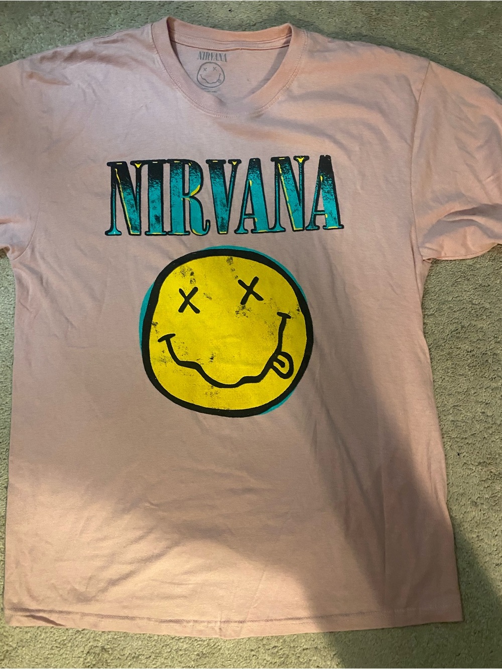 NIRVANA Pink Tee with Teal Lettering and Yellow Smiley